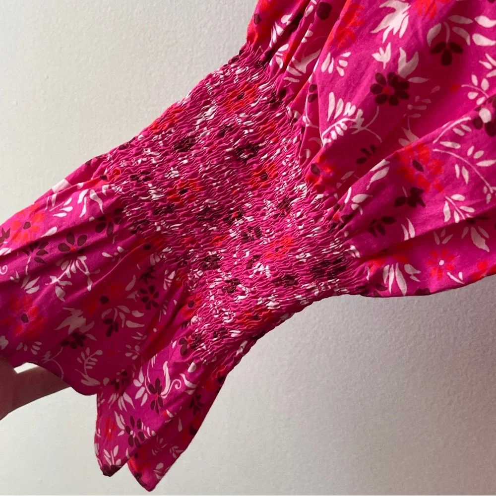 Figue Bella Short Dress Small Pink Floral Tiered Boho Tassel Mini Retail $395